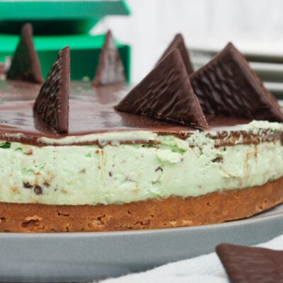 After Eight cheesecake on a serving plate.
