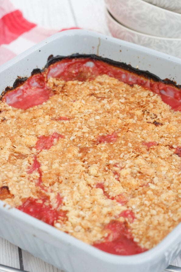 rhubarb crumble in a baking dish. 