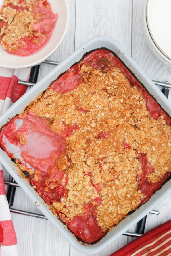 rhubarb crumble in a baking dish. 
