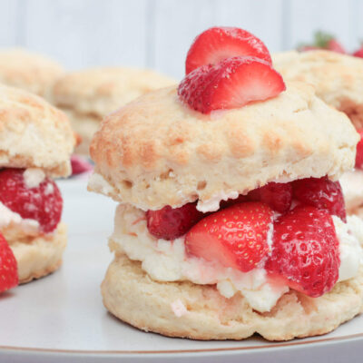 strawberry shortcakes on a serving plate.