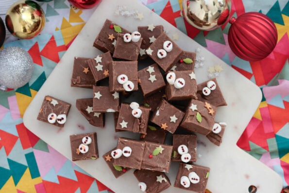 Christmas fudge on a white serving plate.