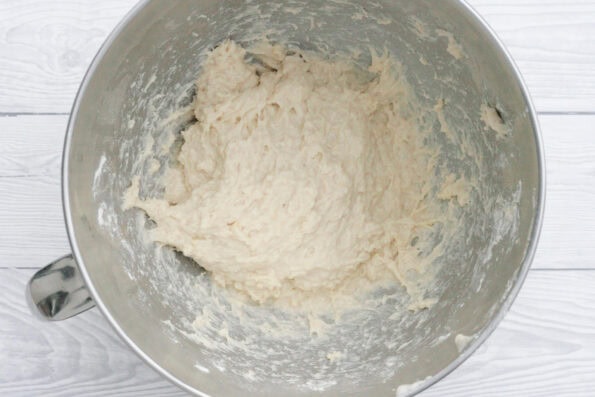 sticky dough in a mixing bowl.
