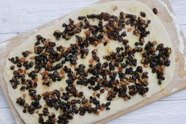 mincemeat spread out on rolled out dough.