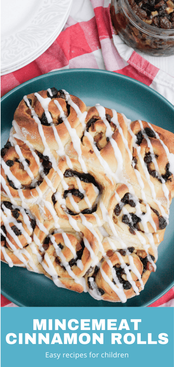 Mincemeat cinnamon rolls graphic with a text overlay.