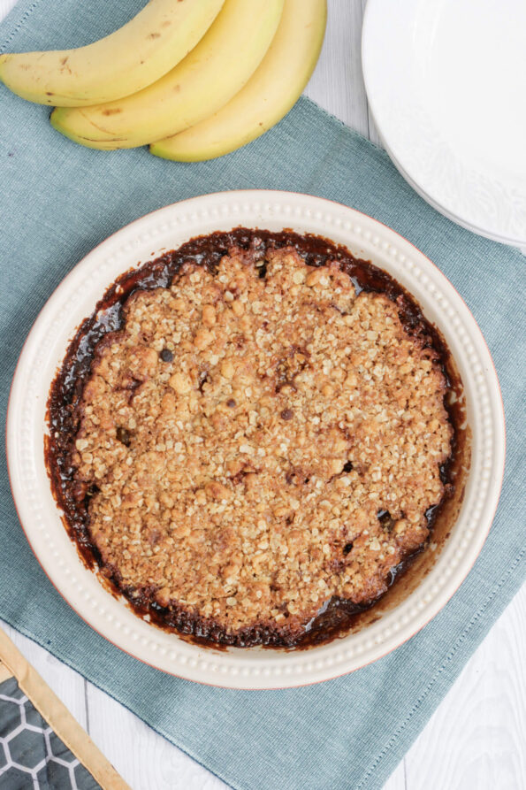 caramelised banana crumble in a serving dish.