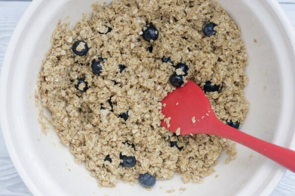 blueberry flapjack mixture in a mixing bowl.