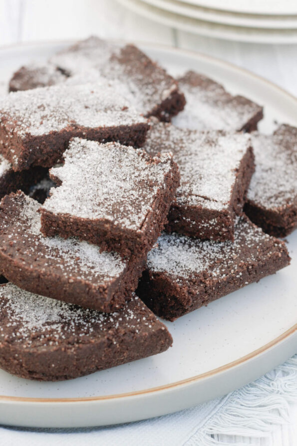 chocolate concrete pieces on a serving plate.